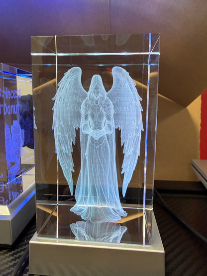 Personalized angel design engraved inside a rectangular crystal keepsake