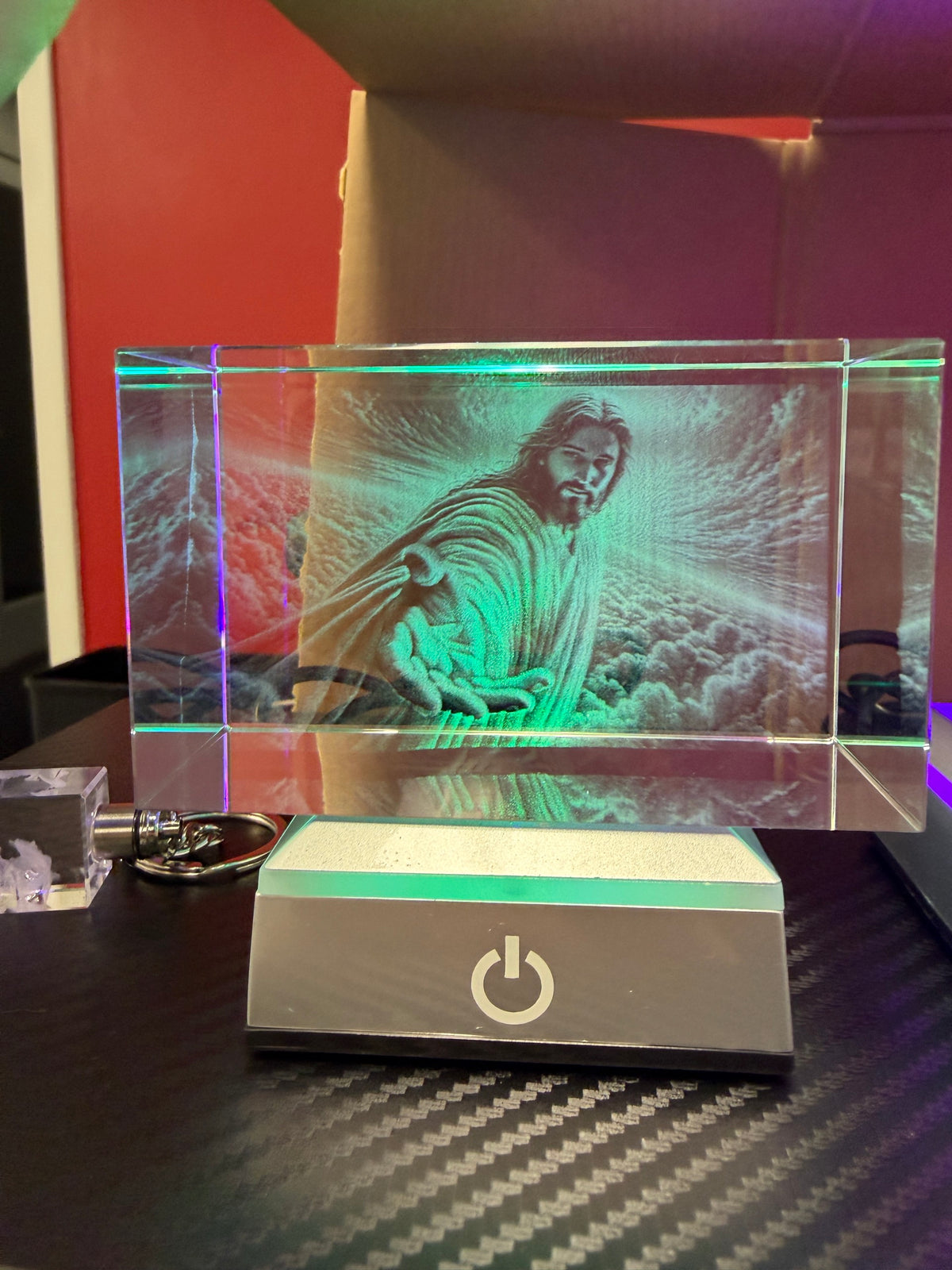 Faith-inspired scene engraved inside a rectangular crystal keepsake